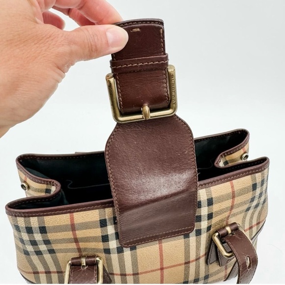 Burberry Bag Haymarket Nova Check Buckle Satchel Brown Leather Plaid - Picture 7 of 14